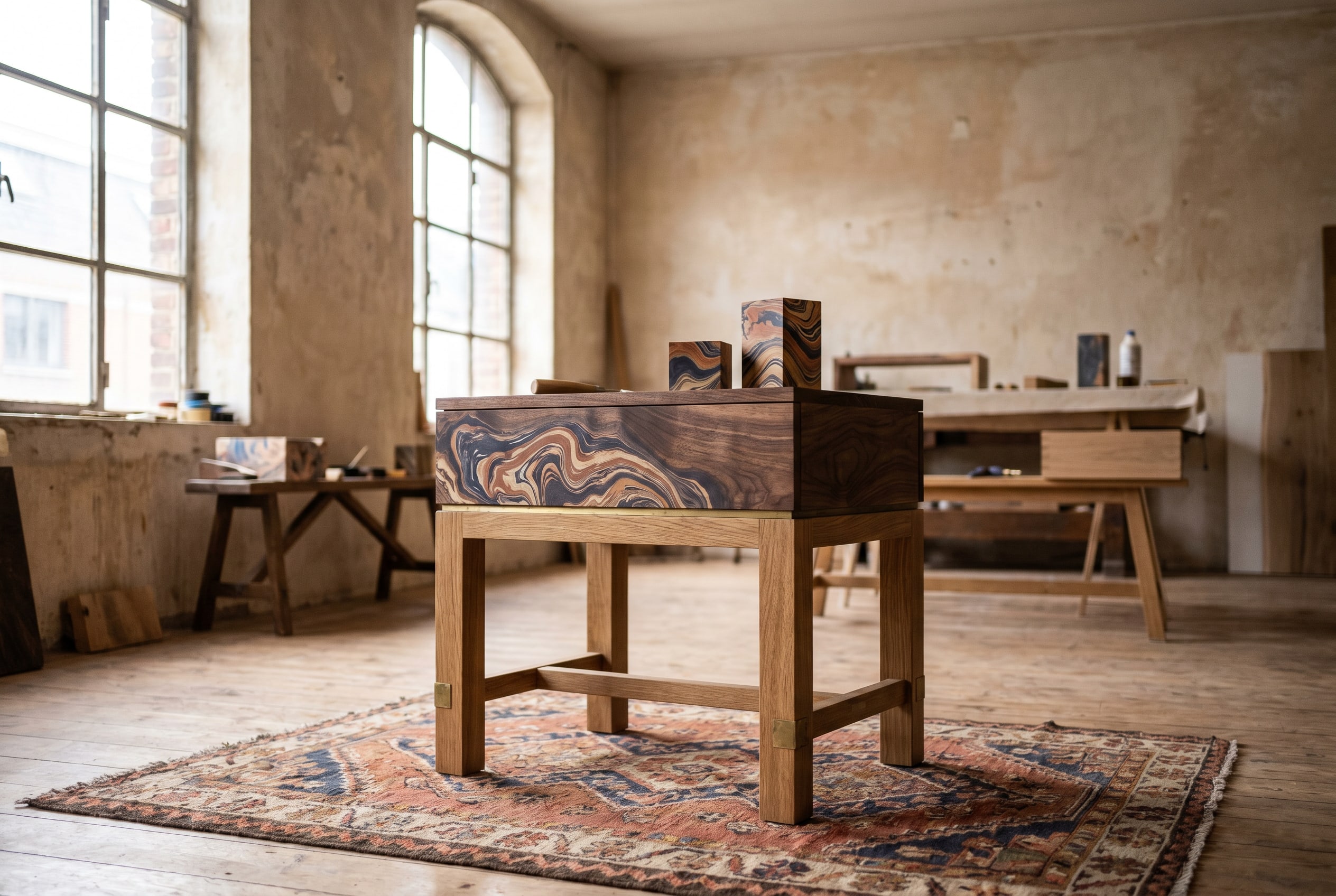 Table marbrée en chêne massif, atelier Victor Ghostin