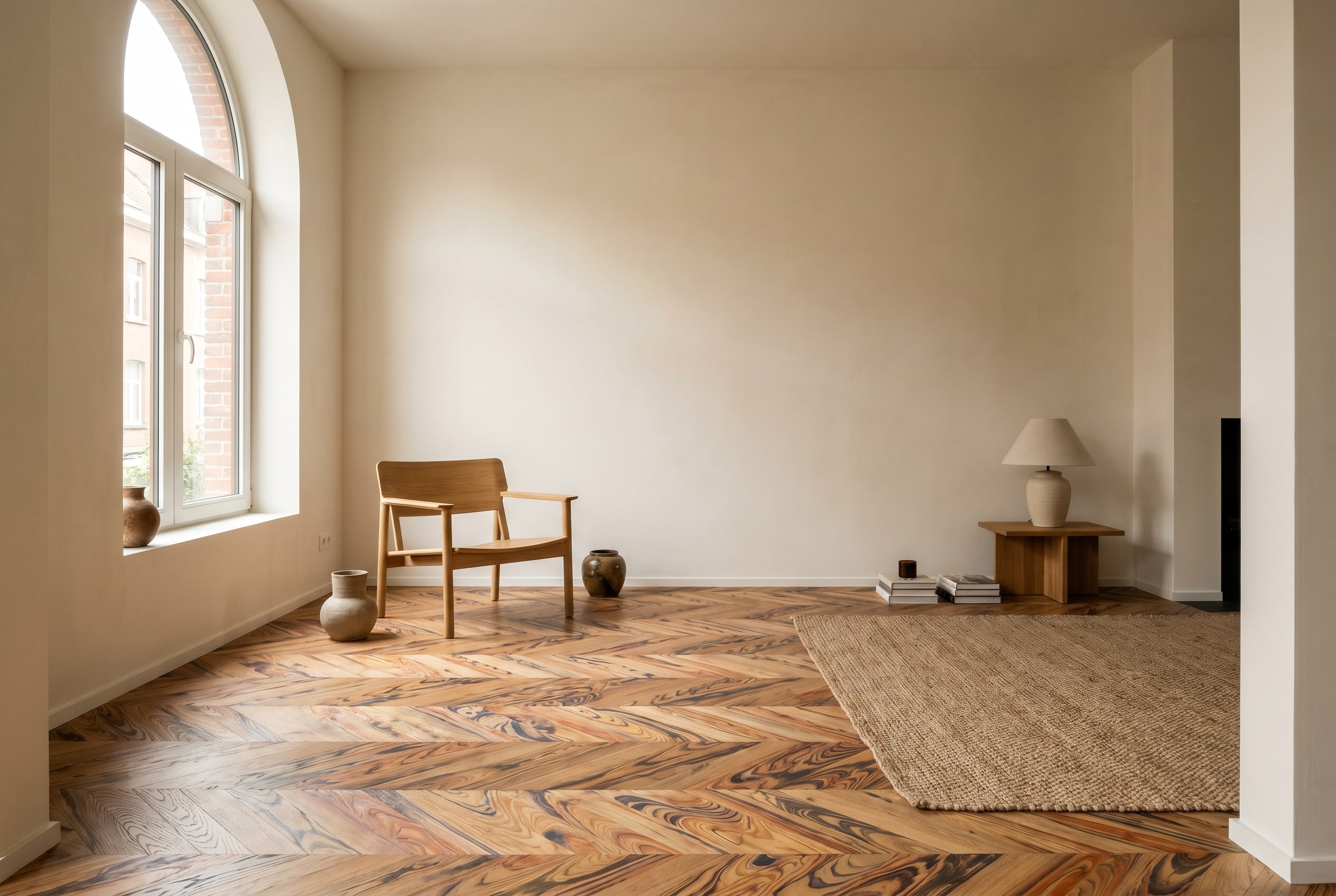 Parquet en chêne marbré, salon contemporain — réalisation Victor Ghostin