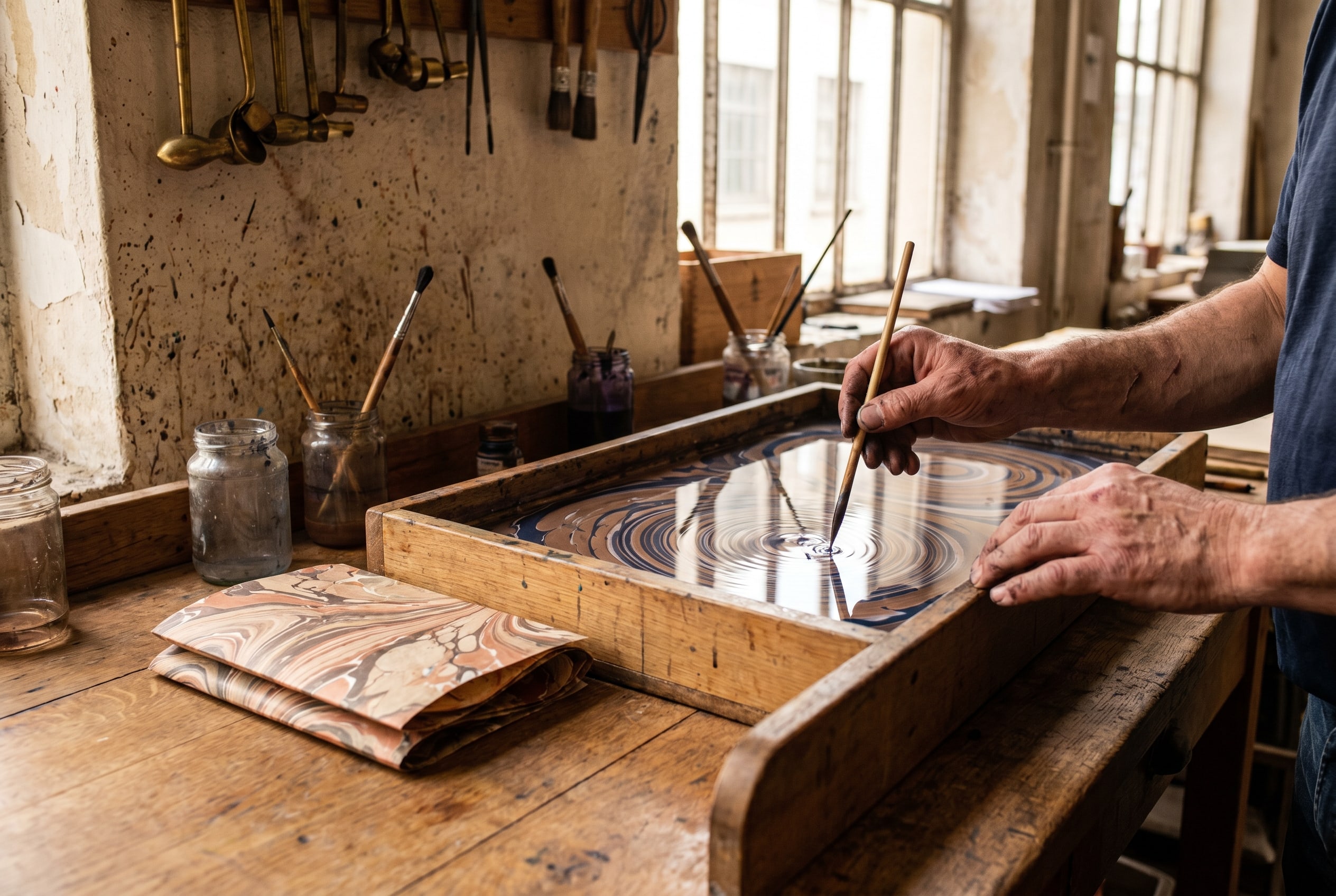 Le marbrier au travail — atelier Victor Ghostin, Bruxelles
